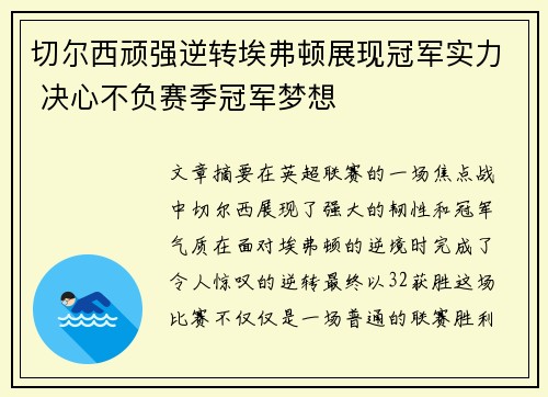 切尔西顽强逆转埃弗顿展现冠军实力 决心不负赛季冠军梦想