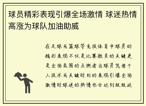 球员精彩表现引爆全场激情 球迷热情高涨为球队加油助威