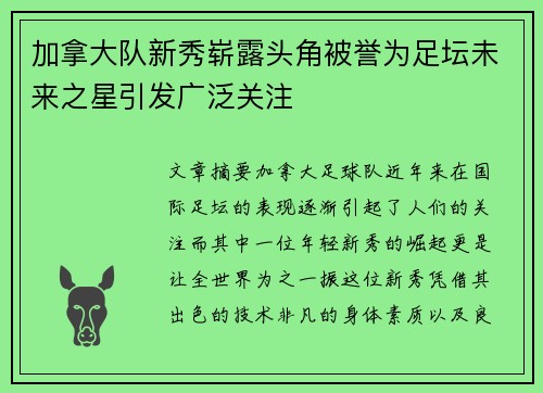 加拿大队新秀崭露头角被誉为足坛未来之星引发广泛关注