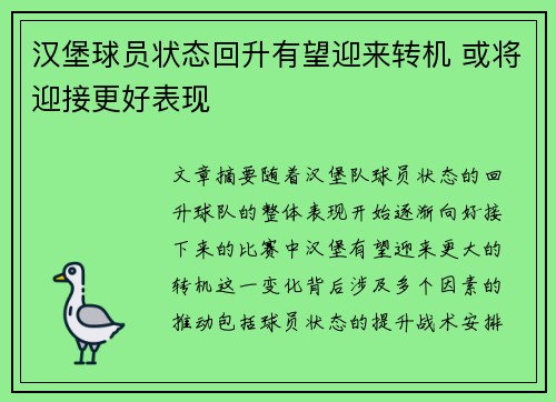 汉堡球员状态回升有望迎来转机 或将迎接更好表现